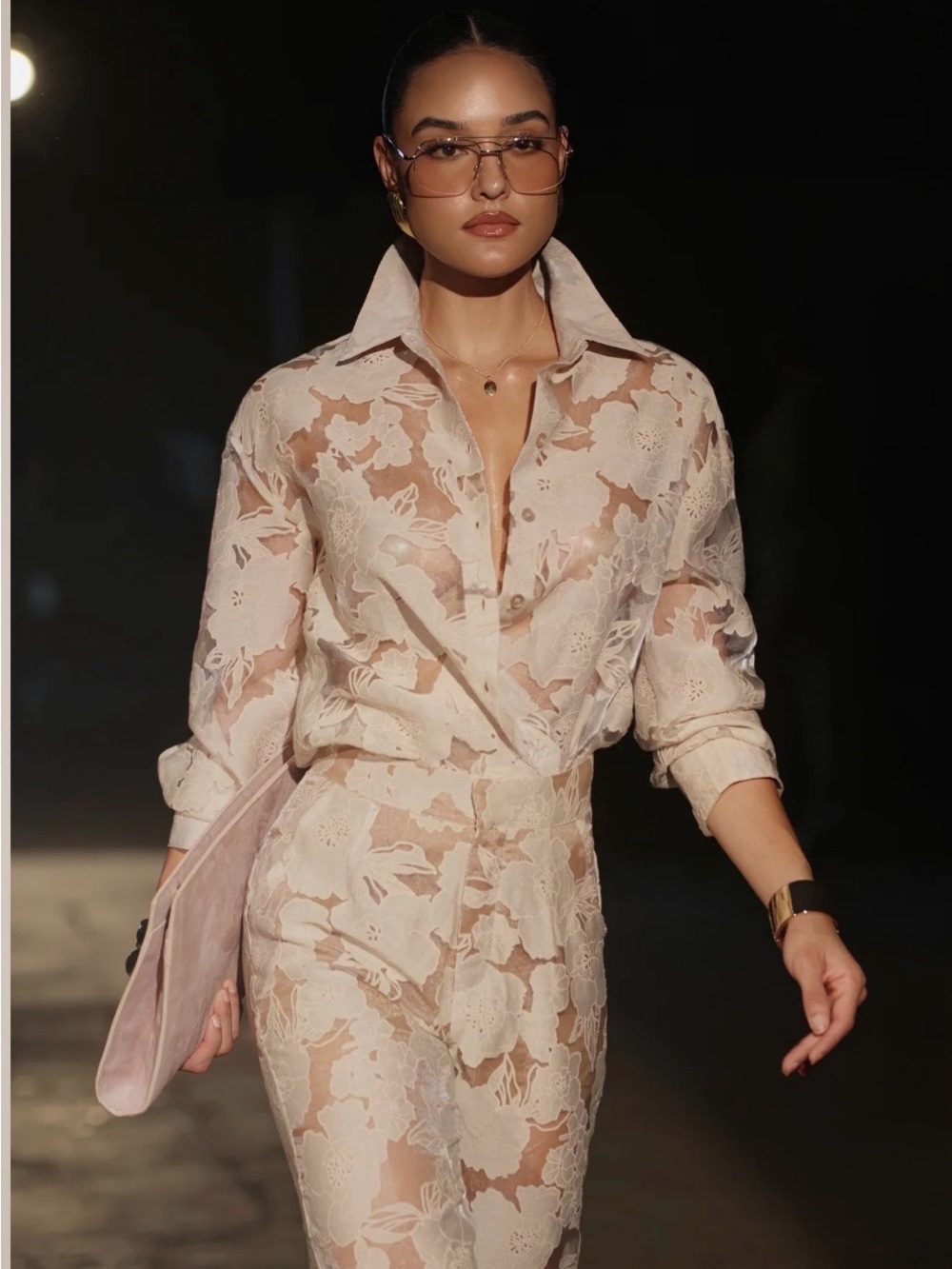 JLUXLABEL Blush Cream Floral Lace Pantsuit